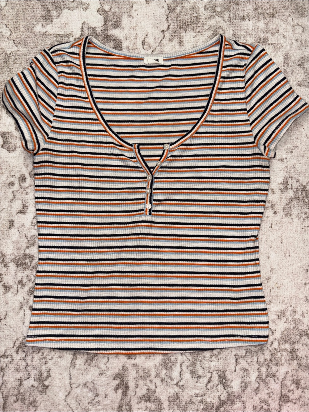 Garage Striped Scoop Henley Top in White, Black & Orange